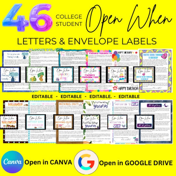 46 Matching Open When LETTERS & ENVELOPE labels for College Student | COLLEGE Open When Letters | College Care Package Kit | College Gift