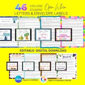 46 College Open When LETTERS & ENVELOPE labels for College Students  | 46 EDITABLE Letters | Digital Care Package | Letters From Home