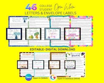 46 Colegio Abierto Cuando CARTAS Y SOBRES etiquetas para estudiantes universitarios / 46 cartas EDITABLES / Paquete de ayuda digital / Cartas desde casa