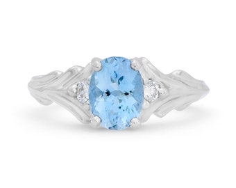 Aquamarine and Diamond Handmade 14K White Gold Ring (WR0315)