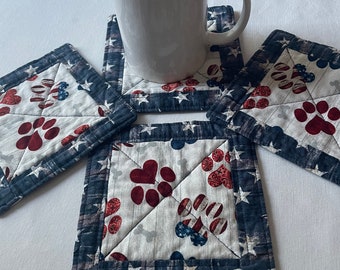 Patriotic Paw Print Fabric Mug Rugs