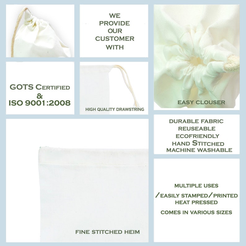 Biodegradable and Reusable Premium Quality Muslin Drawstring Bags SAMPLE Perfect for Packaging 8 X 10 Cotton