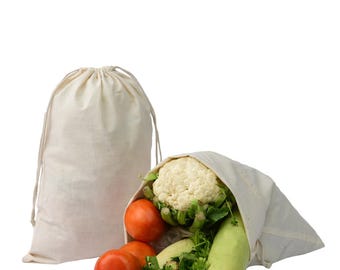 Bolsas de muselina de 5" x 8" 100% algodón orgánico, biodegradables y reutilizables de primera calidad con doble cordón (paquete de 10, 25, 50, 100, 200).