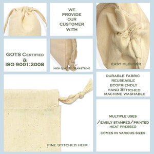 May include: A close-up of a natural-colored cotton drawstring bag. The bag is made of durable fabric and is reusable, eco-friendly, hand-stitched, and machine washable. The bag has a high-quality drawstring and an easy closure. The bag is GOTS certified and meets ISO 9001:2008 standards. The bag is perfect for multiple uses, including being easily stamped or printed, heat pressed, and comes in various sizes.