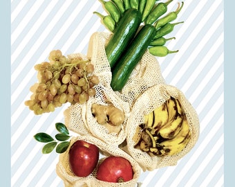 Organic Cotton Mesh Produce Bags, Biodegradable and Reusable Fruits Vegetables and Grocery Bags (Choose Size & Quantity)