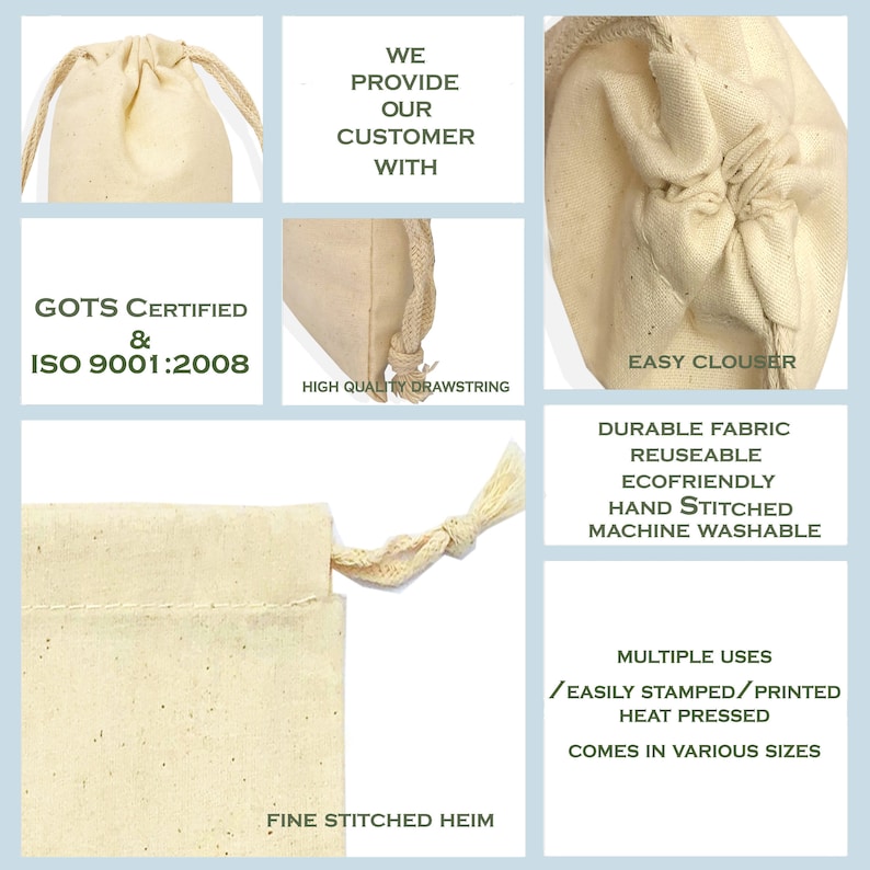 Pack of 25, 50, 100, 200 4 X 6 100/% Organic Cotton Biodegradable and Reusable Premium Quality Muslin Double Drawstring Bags