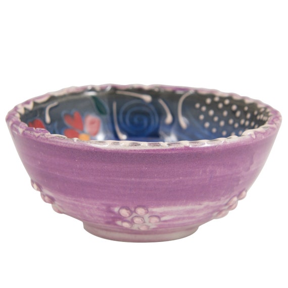 Pottery ring dish Handmade tealight holder: lavender or blue CLEARANCE Folk ceramic ring holder Trinket bowl with flowers