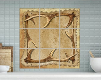 Ceramic Tile Mural - Tile Mural Deer Antlers Art Design Tile Mural 12.75"x12.75" Or 18"x18" Backsplash Kitchen Mural Bathroom Tile Art Mural