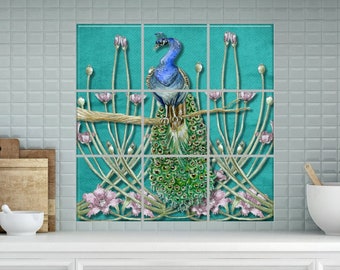 Ceramic Tile Mural - Tile Mural Peacock Art Design Tile Mural 12.75"x12.75" Or 18"x18" Backsplash Kitchen Mural Bathroom Tile Art Mural