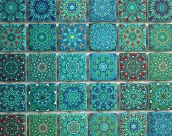 Mosaic Backsplash Tile - Bathroom Tile Decorative Ceramic Tile Backsplash Mandala Turquoise Blue Green Mixed Boho Moroccan Tile Medallions
