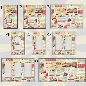 May include: Eight different vintage-style light switch and outlet covers with a retro newspaper print design. The covers feature various vintage advertisements, including Jell-O, Maxwell House Coffee, and a red car.