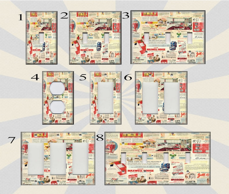May include: Eight different vintage-style light switch and outlet covers with a retro newspaper print design. The covers feature various vintage advertisements, including Jell-O, Maxwell House Coffee, and a red car.