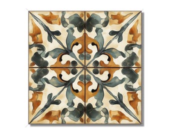 May include: Square decorative tile with a repeating pattern. The design features a symmetrical arrangement of stylized floral and leaf motifs in shades of blue, orange, and cream. The tile is likely for home decor.