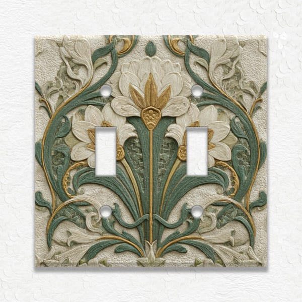 Green Floral Art Nouveau Design Metal Light Switch Covers & Outlet Covers, Wall Plates, Receptacle Covers, Duplex Covers, Faceplates