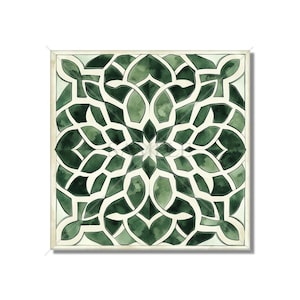 May include: A square green and white geometric pattern tile with a watercolor effect.