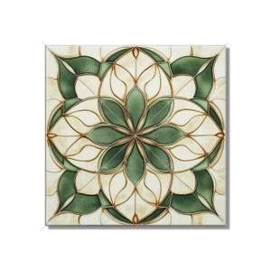 May include: A square canvas print with a green and gold geometric design. The design features a central flower with eight petals, surrounded by a circular pattern of lines and curves.