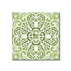 May include: A green and white square tile with a floral pattern. The tile has a distressed look, as if it is old and worn.
