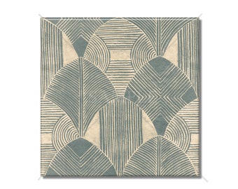 May include: A geometric pattern with a blue and beige color scheme. The pattern is made up of overlapping circles and lines.
