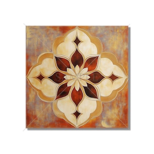 May include: A square canvas painting with a geometric design in shades of brown, red, and cream. The design features a central flower with four petals, surrounded by a repeating pattern of curved lines and shapes.