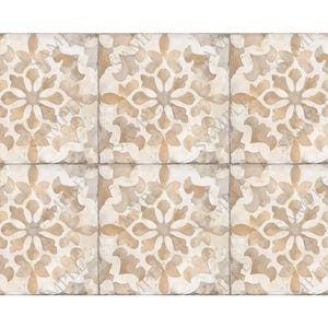May include: A set of six beige ceramic floor tiles with a decorative pattern of white floral designs.
