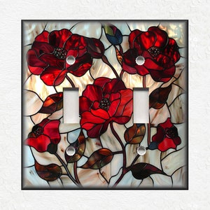 Red Rose Stained Glass Floral Design Metal Switch Plate Covers And Outlet Covers - Unique Light Switch Plate Covers Outlet Covers