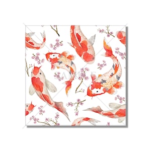 May include: Watercolor illustration featuring koi fish in shades of red, orange, and white, interspersed with delicate pink cherry blossoms on a white background. The design showcases a repeating pattern of the fish and flowers.