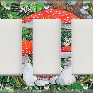 May include: A double light switch cover with a whimsical illustration of red and white mushrooms in a green forest setting.