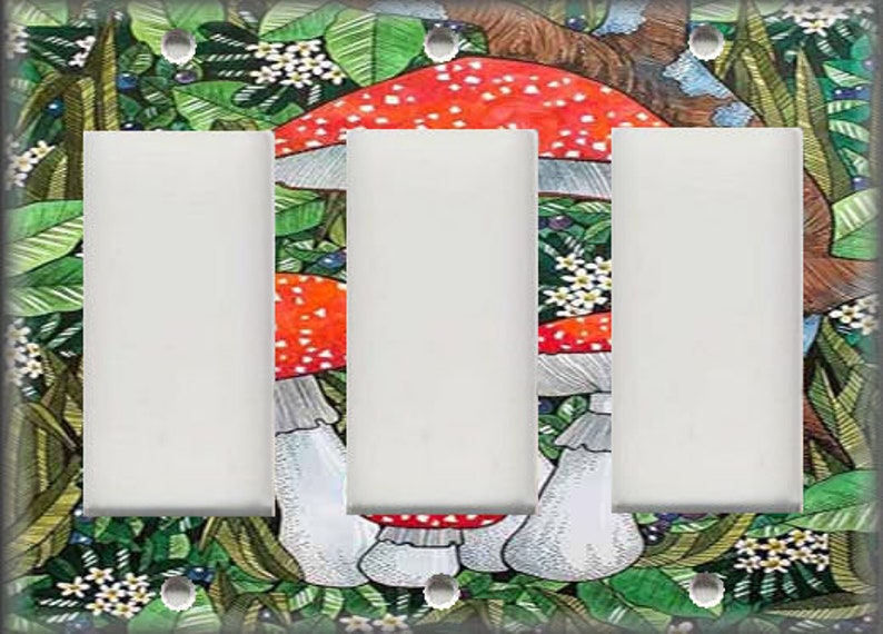 May include: A double light switch cover with a whimsical illustration of red and white mushrooms in a green forest setting.