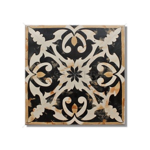 May include: Black and white tile with a distressed, vintage look. The tile features a symmetrical pattern of stylized floral motifs.