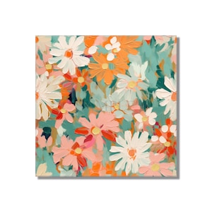 May include: A colorful abstract painting featuring a variety of flowers in shades of white, pink, orange, and green. The flowers are painted in a loose, impressionistic style, creating a sense of movement and energy.
