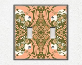 May include: A light switch cover with a psychedelic pattern in shades of green and peach. The pattern features swirling lines and abstract shapes.