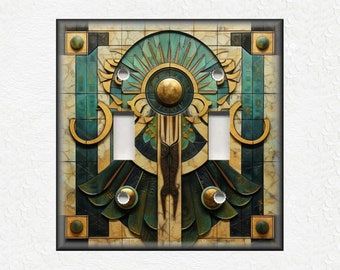May include: A decorative light switch cover with a geometric design featuring gold, teal, and brown colors. The design is reminiscent of Art Deco style.