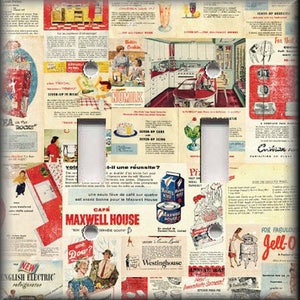 May include: A vintage style light switch cover featuring a collage of 1950s advertisements for household products. The ads include images of coffee, ice cream, refrigerators, and other kitchen appliances. The background is a light yellow with a distressed look.