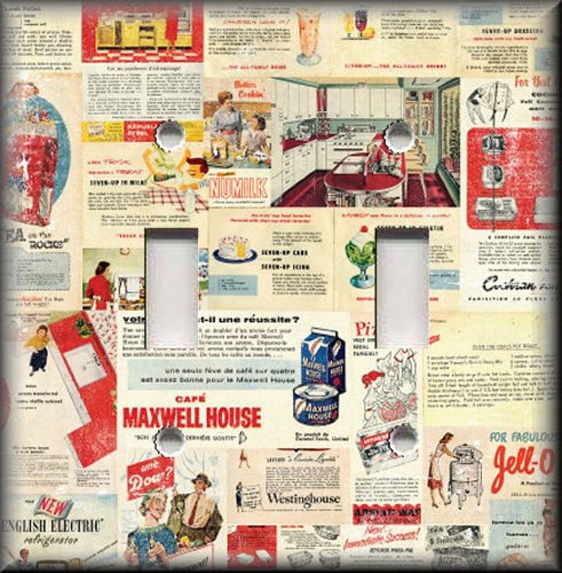 May include: A vintage style light switch cover featuring a collage of 1950s advertisements for household products. The ads include images of coffee, ice cream, refrigerators, and other kitchen appliances. The background is a light yellow with a distressed look.