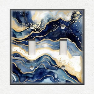 Marble Art Design Navy Blue Gold Metal Switch Plate Covers And Outlet Covers - Moody Home Decor - Decorative Wallplates - Home Decor