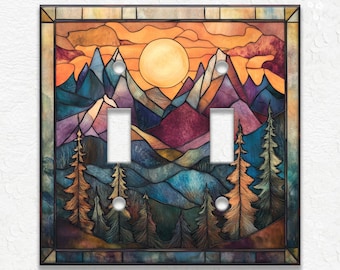 Decorative Switch Plate Covers Stained Glass Mountain Landscape Light Electric Switch Plate Cover Metal Wallplates Home Decor Cabin Decor