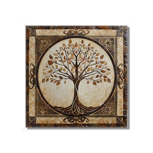 May include: A square canvas painting with a brown, gold, and white color scheme. The painting features a stylized tree of life with intricate roots and branches. The tree is surrounded by a circular frame with ornate designs.