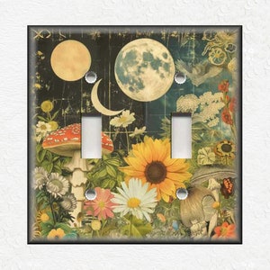 May include: A light switch cover with a psychedelic design featuring a mushroom, sunflowers, and moons. The background is a dark green and blue with a vintage feel.