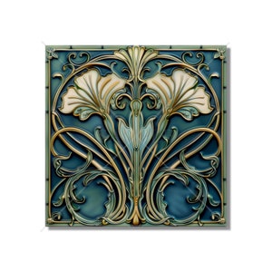 May include: A square tile with an Art Nouveau design featuring stylized white flowers with gold and green leaves on a teal background.