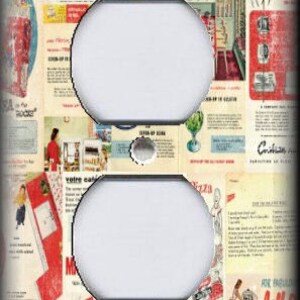 May include: A vintage-style light switch cover featuring a collage of 1950s advertisements for household appliances and products. The cover is white with a black outline and a cutout for the switch. The advertisements feature images of refrigerators, washing machines, and other appliances, as well as text promoting various products.