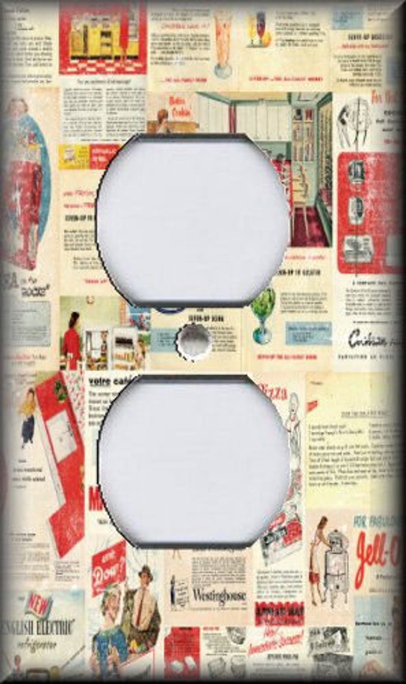 May include: A vintage-style light switch cover featuring a collage of 1950s advertisements for household appliances and products. The cover is white with a black outline and a cutout for the switch. The advertisements feature images of refrigerators, washing machines, and other appliances, as well as text promoting various products.