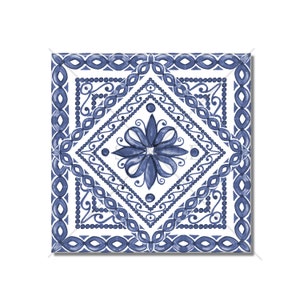 May include: A blue and white square tile with a floral design in the center. The tile has a decorative border with a repeating pattern.