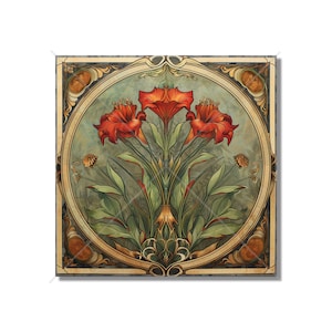 Red Floral Art Nouveau Design Ceramic Tile Kitchen Backsplash Tile - Art Nouveau Bathroom Tile Decorative Patterned Tile Fireplace Tile