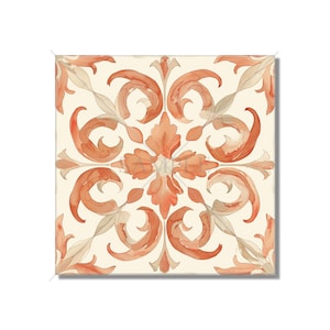 May include: A square tile with a repeating pattern of orange and brown floral designs on a cream background.