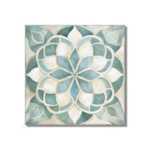 May include: A square canvas painting with a geometric design in shades of blue and white. The design is a stylized flower with multiple layers of petals.