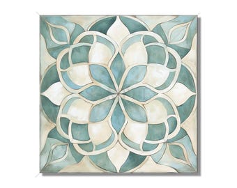 Puede incluir: Una pintura sobre lienzo cuadrado con un diseño geométrico en tonos azules y blancos. El diseño es una flor estilizada con múltiples capas de pétalos.
