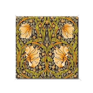 May include: A repeating pattern of stylized flowers and leaves in shades of green, yellow, and orange on a black background.