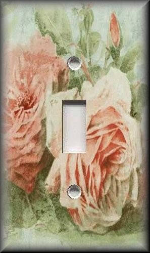 Metal Light Switch Plate Cover Vintage Pink Green White Roses Shabby Chic Decor 