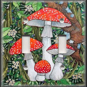 May include: A light switch cover featuring a whimsical illustration of red and white mushrooms with white spots growing in a green forest setting.