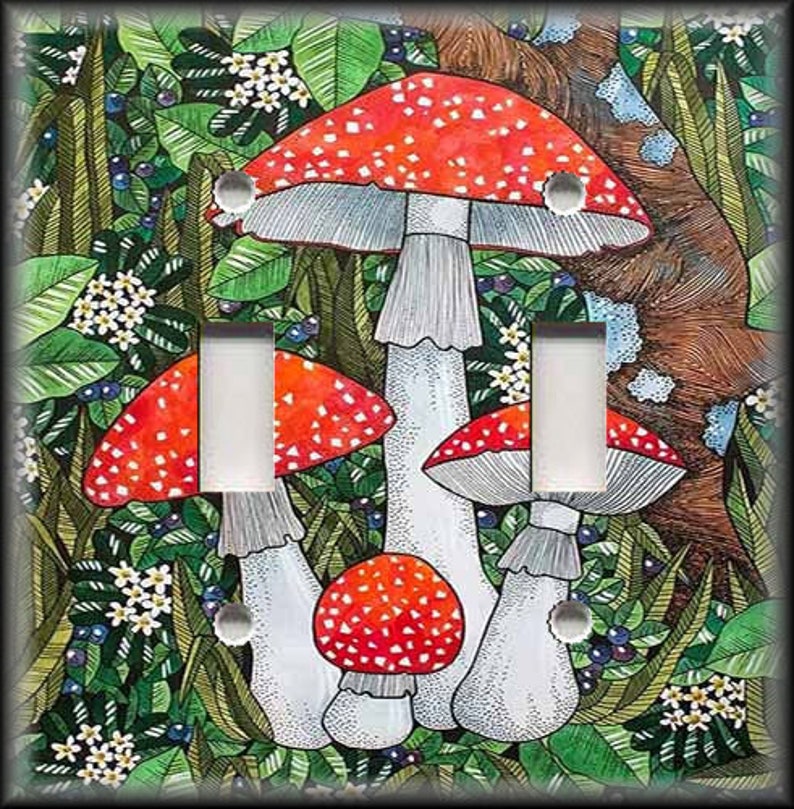 May include: A light switch cover featuring a whimsical illustration of red and white mushrooms with white spots growing in a green forest setting.